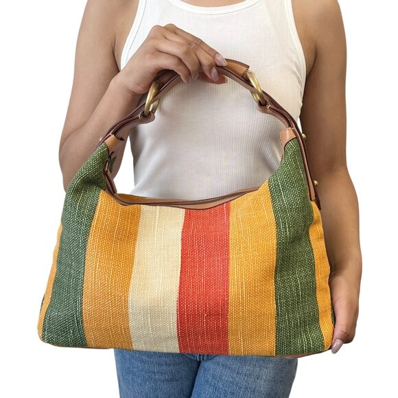 GUCCI Vintage Horsebit Multicolor Stripe Hobo Bag Zip Camel Canvas [106018] - Picture 2 of 12